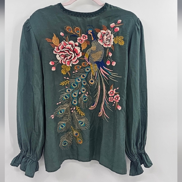 Johnny Was Embroidered Forest Green Blouse Size Large - Picture 6 of 15